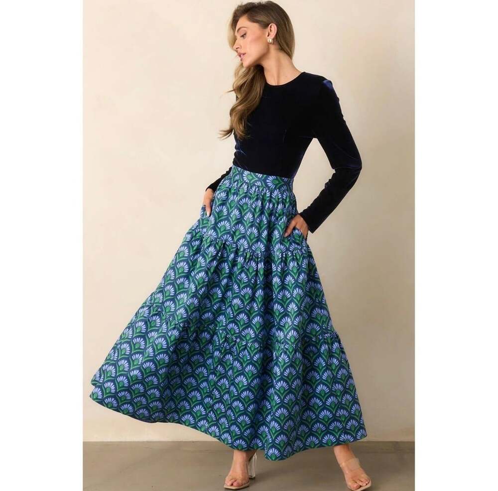 Prosperina Navy Velvet Long Sleeve Tiered Floral Maxi Dress